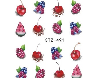 Water Transfer Nail Stickers, Nail Decals, Red Cherry, Melon and Raspberry Design, Red Cherry Nail Art, Nail Decoration
