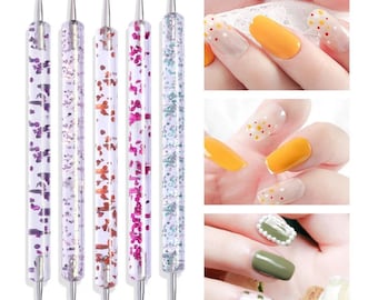 5 PCS Two Way Nail Art Dotting Pen Set, Glitter Design, Carving Tool, Nail Art Tool