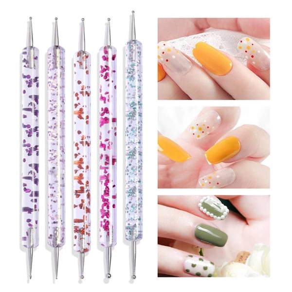 5 PCS Two Way Nail Art Dotting Pen Set, Glitter Design, Carving Tool, Nail Art Tool