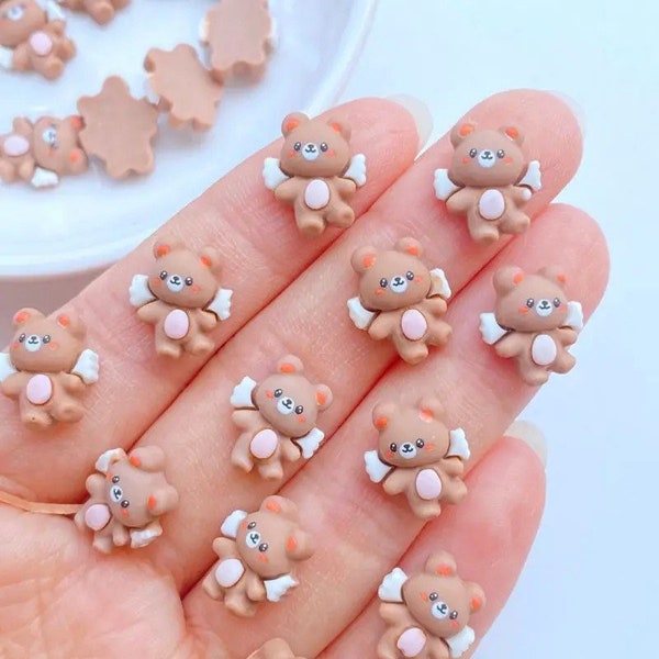 2pcs Cute Winged Bear Resin Nail Art Decorations, 3D Lovely Cartoon Ornaments, Manicure Accessory