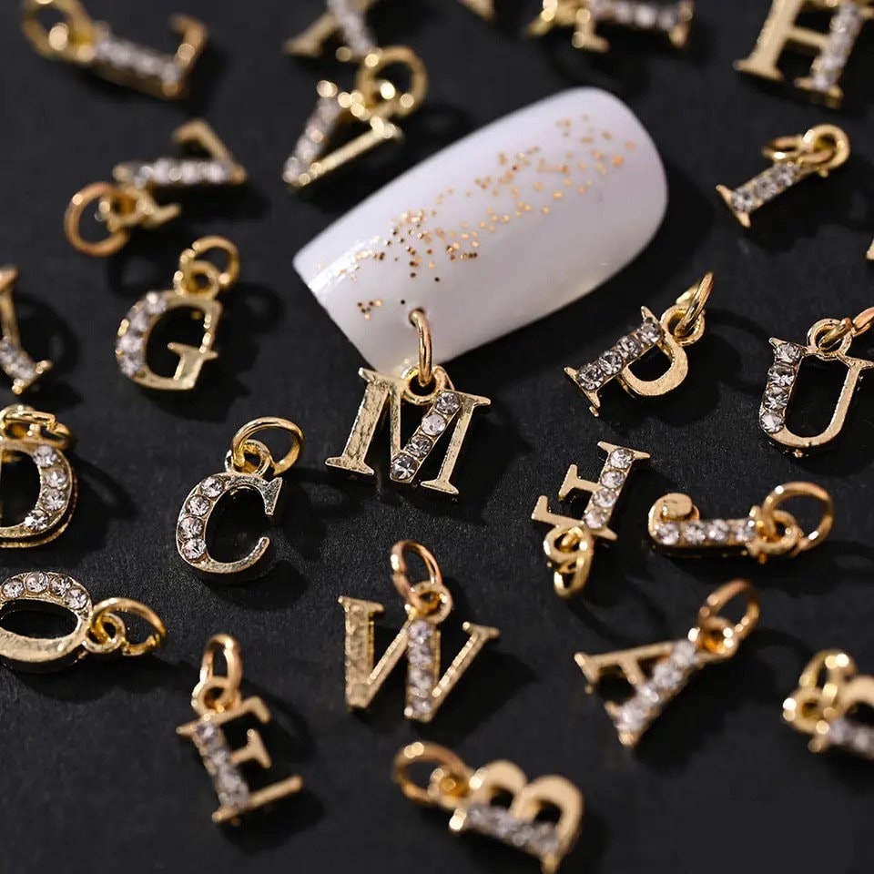 5Pcs Cubic Zirconia Pave Sexy Word Charms Gold Plated Letter