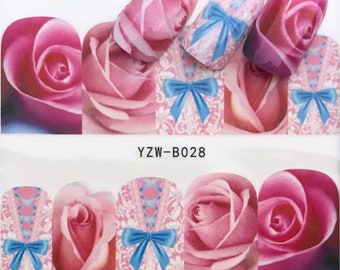 Water Transfer Nail Stickers, Nail Decals, Pink Rose and Blue Bow Design, Pink Rose Nail Art, Nail Decoration