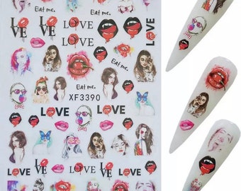 Beautiful Lady, Valentines Day, Lips, Love, Tongue and Cherry - Nail Art Stickers