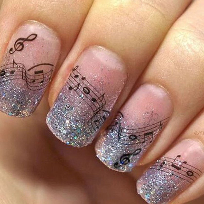 Water Transfer Nail Stickers Nail Decals Black Music Note image 1