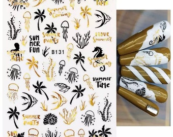 Summer, Palm Trees, Jellyfish, and Turtle Black and Gold Foil 3D Nail Art Stickers