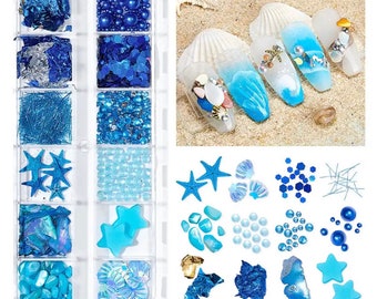 12 Grid Summer Ocean Theme, Nail Charms, Rhinestones, Sequins and Beads - Mixed Size - DIY Nail Decoration