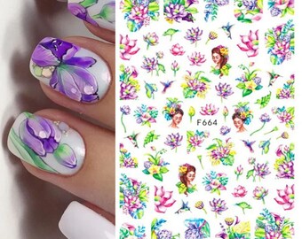 Multicoloured Flowers, Leaves and Beautiful Lady - Nail Art Stickers