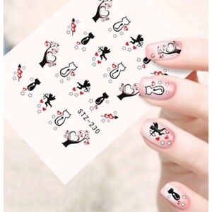 Water Transfer Nail Stickers, Nail Decals, Cat With Hearts Design, Cat Nail Art, Nail Decoration