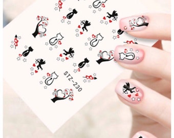 Water Transfer Nail Stickers, Nail Decals, Cat With Hearts Design, Cat Nail Art, Nail Decoration