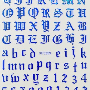 Calcomanías 3D para uñas, pegatinas autoadhesivas, letras inglesas antiguas, alfabeto azul de aluminio y pegatinas numéricas para uñas