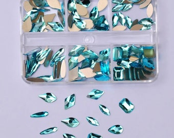 1 Box Mixed Shape Aquamarine Nail Art Rhinestones, Flat Backed