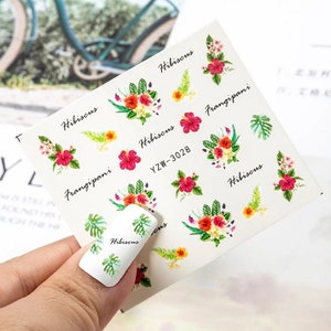 Water Transfer Nail Stickers, Tropical Leaves and Orange and Pink Flower Nail Decal,  Hibiscus Design, Flower Nail Art, Nail Decoration