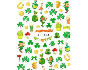 Clover, Leprechaun, Hat, Beer and Coins, Cartoon Nail Art, St Patrick’s Day - Nail Art Stickers