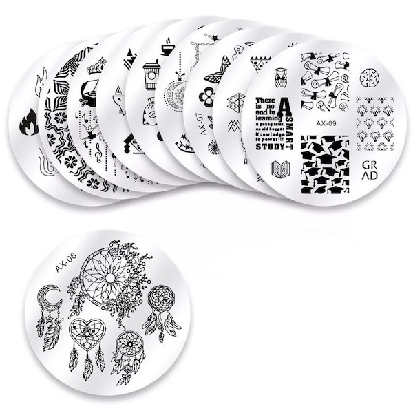 Nail Art Plate Stamp Stamping, Round Stainless Steel DIY Nail Polish Print, Manicure Nail Stencil Template