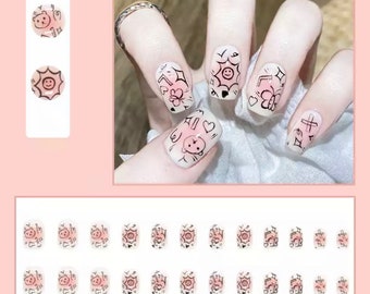 24Pcs Press on Nails, False Nail Tips, Fake Nails,  Pink with Graffiti Art Design, Manicure