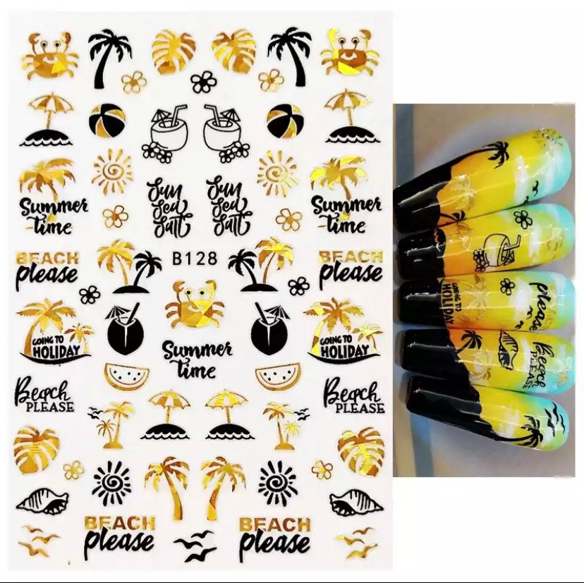 Tropical Leaves, Palm Trees, Crabs, Sun, Coconuts and Watermelons Black and Gold Foil 3D Nail Art Stickers