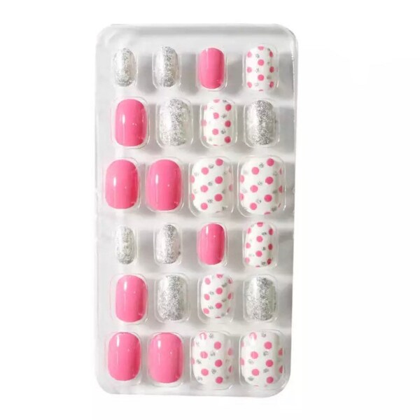 24Pcs Pink, White and Silver Press on Children Nails, False Nail Tips, Kids Fake Nail Art, Little Girls Manicure