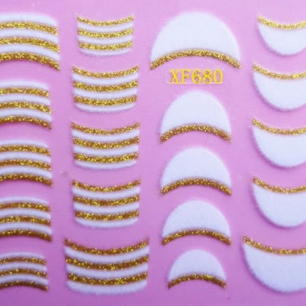 White and Gold Colour Flocking Powder Nail Art Stickers, French Tip Design - 3D Nail Art STICKERS