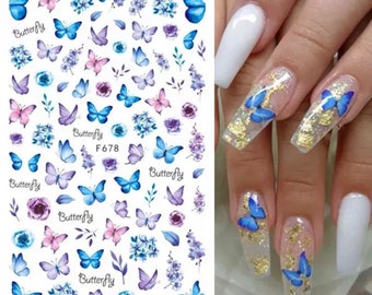 Blue, Purple and Pink Butterflies and Flowers Nail Art Stickers