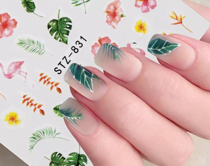 Water Transfer Nail Stickers, Nail Decals, Flamingo, Flower and Leaf