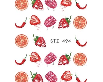 Water Transfer Nail Stickers, Nail Decals, Strawberry, Raspberry, Orange and Chilli Design, Strawberry Nail Art, Fruit Nail Decoration