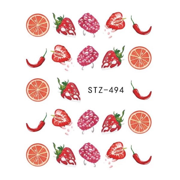 Water Transfer Nail Stickers, Nail Decals, Strawberry, Raspberry, Orange and Chilli Design, Strawberry Nail Art, Fruit Nail Decoration