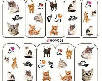 Water Transfer Nail Stickers, Nail Decals, Cat, I Love Cat Design, Cat Nail Art, Nail Decoration
