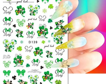 St Patrick's Day, Kleeblatt und Mickey und Minnie, Good Luck - Nail Art Sticker