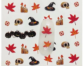Water Transfer Nail Stickers, Pumpkin, Black Hat, Skull, Candles and Leaf Decal, Halloween Design, Spooky Nail Art, Halloween Nails