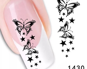 Water Transfer Nail Stickers, Nail Decals, Nail Decoration, Black Stars and Black Butterfly Design, Butterfly Nail Art