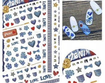 Denim Print Heart, Bow and Flower Nail Art Stickers