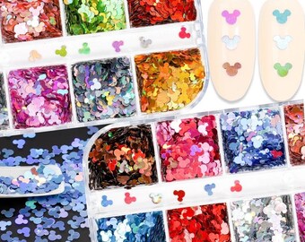 Mickey Mouse Head Shaped Holographic Miniature Nail Sequins - 12 Colour Pack