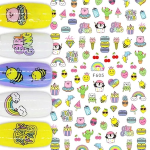 Diseño de dibujos animados, corazones, cactus, cerezas, arcoíris, gatos, abejas, macarons y delfines - Pegatinas para decoración de uñas