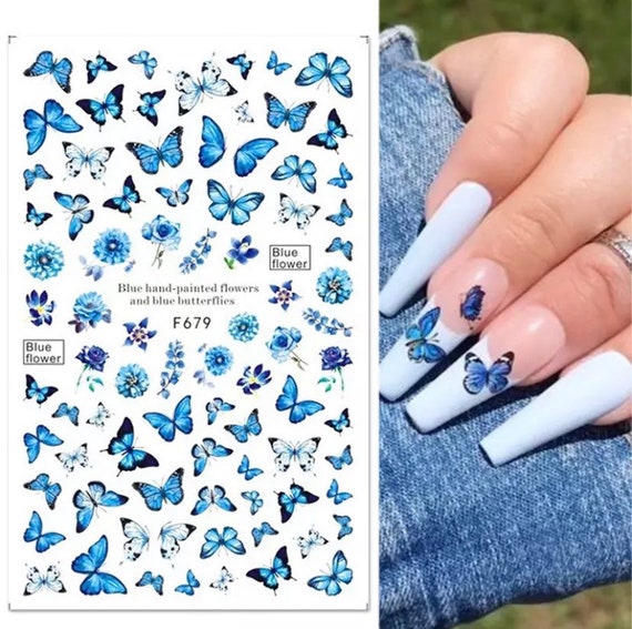 Pegatinas para decoración de uñas con flores y mariposas azules