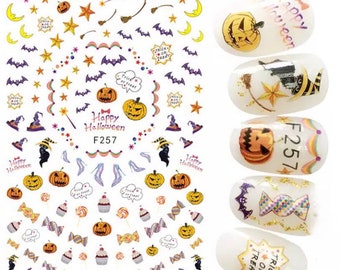 Halloween, Pumpkin, Witches Cat, Bats, Stars and Sweets - Nail Art Set - STICKERS