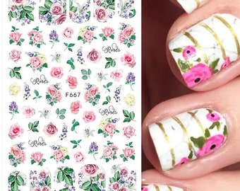 Pink and Beige Roses with Purple Flowers - Nail Art Stickers