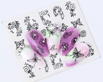 Water Transfer Nail Stickers, Nail Decals, Black Butterfly and Pattern Design, Butterfly Nail Art, Nail Decoration