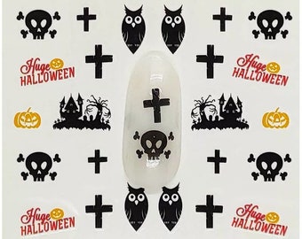Water Transfer Nail Stickers, Pumpkin, Skull, Cross, House and Owl Decal, Halloween Design, Spooky Nail Art, Halloween Nail Decoration