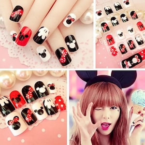 24 piezas Mickey Mouse, Minnie Mouse dibujos animados prensa en las uñas de los niños, puntas de uñas postizas, arte de uñas falsas para niños, manicura para niñas pequeñas