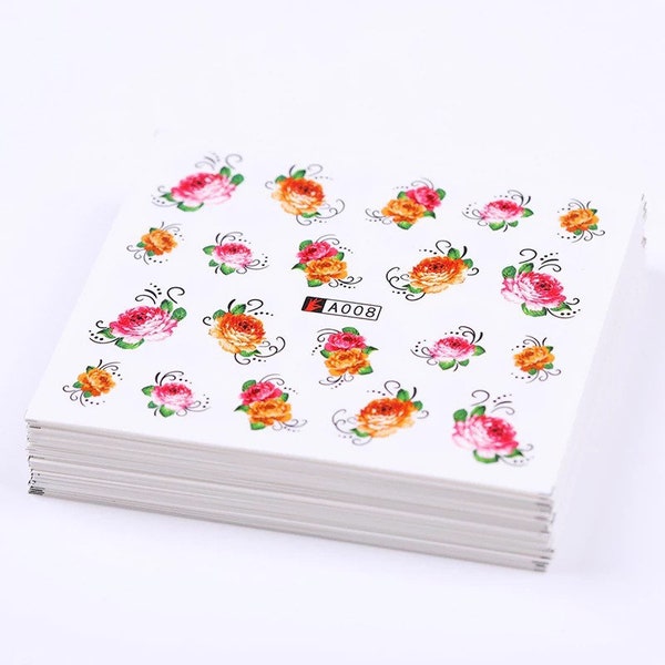 Water Transfer Nail Stickers, Nail Decals, Pink and Orange Flower Design, Pink and Orange Flower Nail Art, Nail Decoration