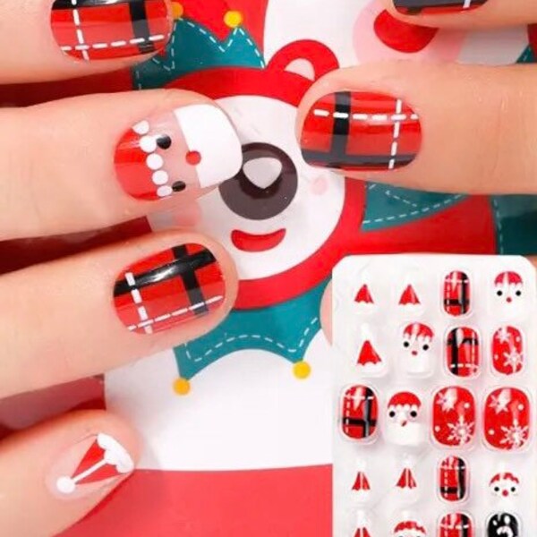 24Pcs Christmas Santa, Candy Cane and Snowflake Press on Children Nails, False Nail Tips, Kids Fake Nail Art, Little Girls Manicure