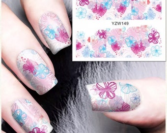 Water Transfer Nail Stickers, Nail Decals, Pink and Blue Flower Design, Pink and Blue Flower Nail Art, Nail Decoration