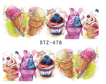 Water Transfer Nail Stickers, Nail Decals, Cake and Ice-cream Design, Ice Cream and Cherry Nail Art, Nail Decoration