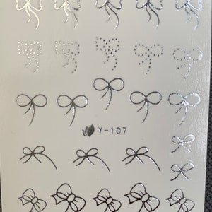 Water Transfer Nail Stickers, Nail Decals, Silver Bows Design, Nail Art, Nail Decoration image 1