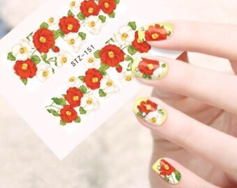 Water Transfer Nail Stickers, Nail Decals, Red and White Flower Design, Red and White Flower Nail Art, Nail Decoration