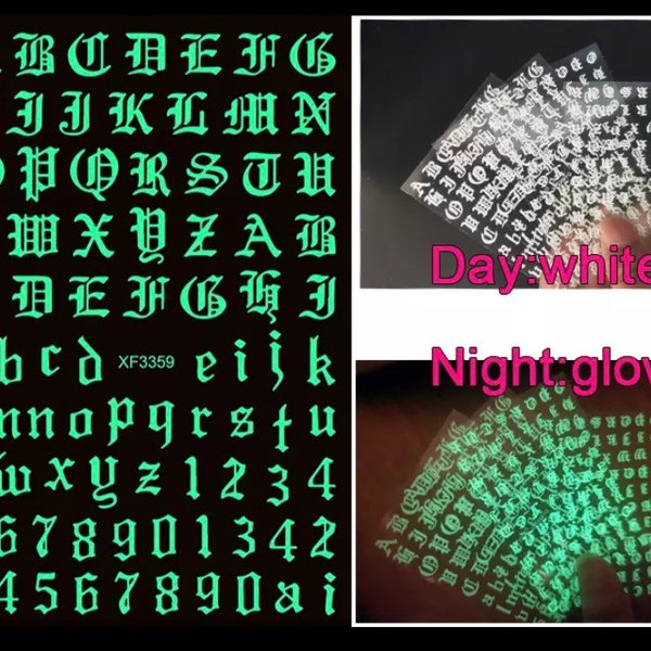 3D Nail Decal Stickers, Self Adhesive Stickers, Old English Letter, Luminous Alphabet and Number Nail Stickers