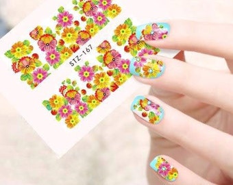 Water Transfer Nail Stickers, Nail Decals, Multi-Colour Flower Design, Flower Nail Art, Nail Decoration