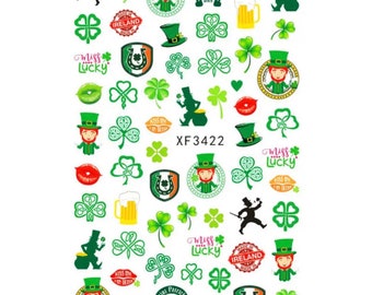 Clover, Leprechaun, Horseshoe and Beer Cartoon Nail Art, St Patrick’s Day - Nail Art Stickers