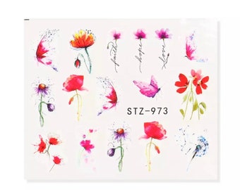 Water Transfer Nail Stickers, Nail Decals, Multicolour Flower and Butterfly Design, Flower Nail Art, Nail Decoration