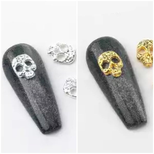 Lot de 5 - Tête de mort dorée ou argentée, décorations 3D pour ongles, breloques d'Halloween en alliage, bijoux pour ongles